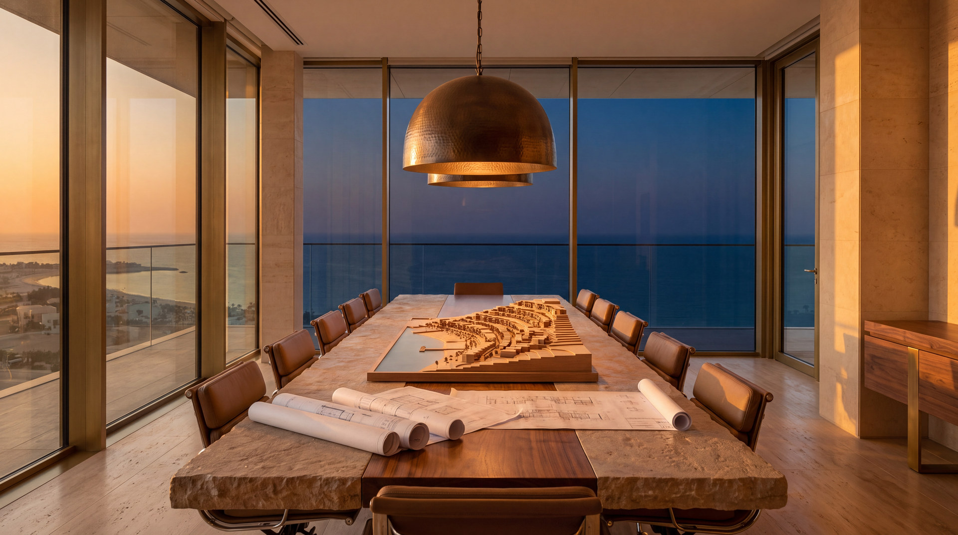 A boardroom at golden hour with an architectural model of a coastal district on the table.
