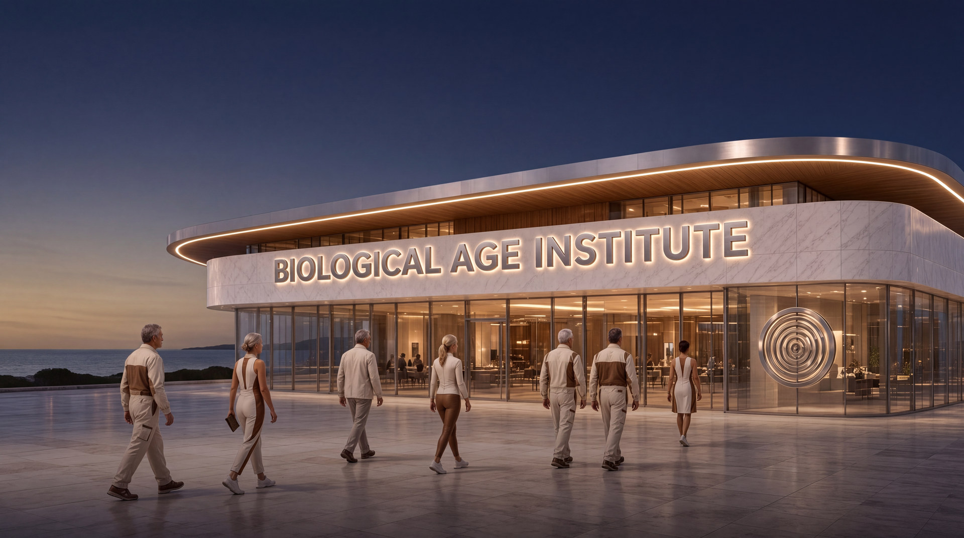The Biological Age Institute, a curved limestone building in evening light.