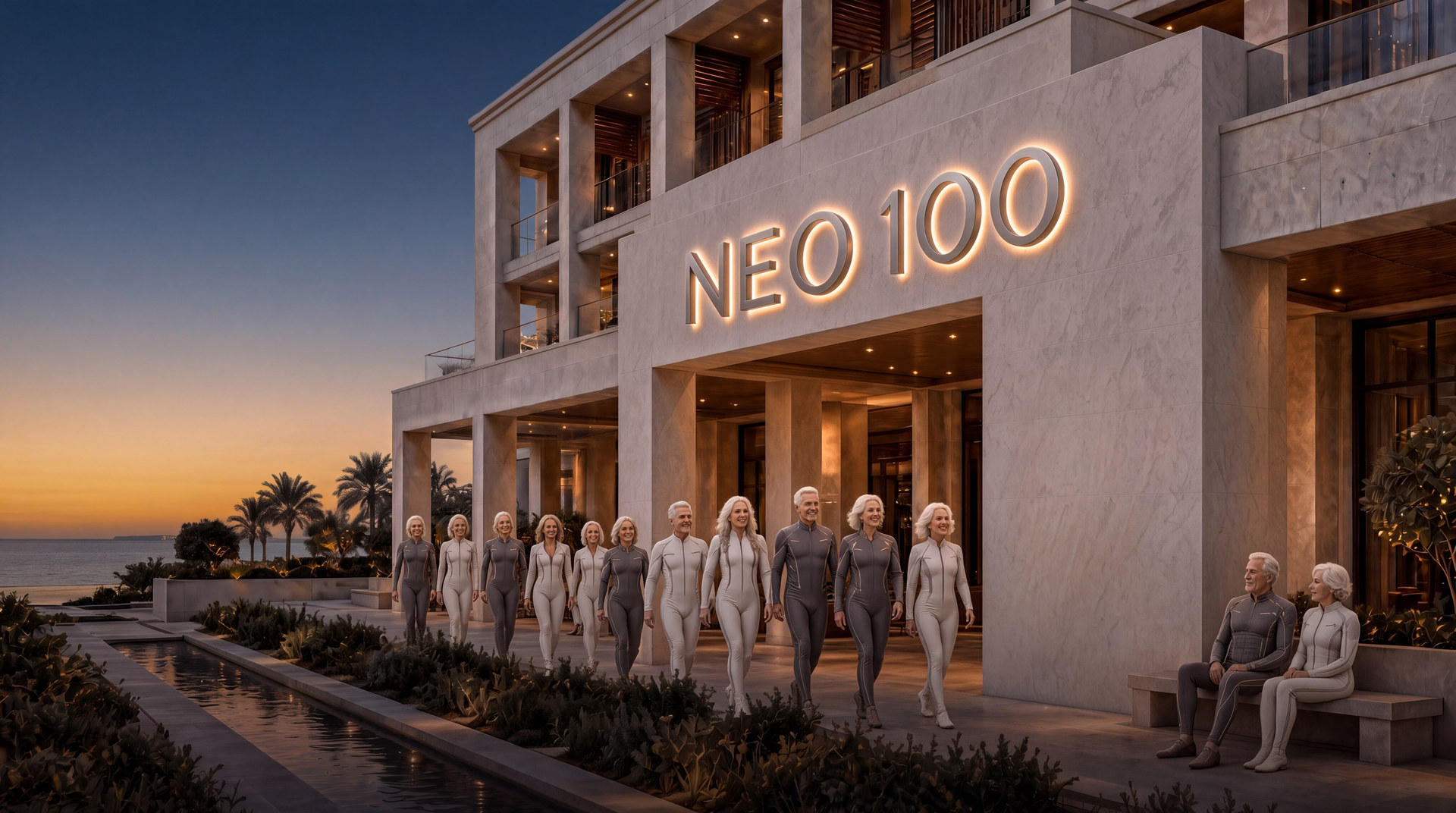 NEO 100, a low limestone institute with a shaded entrance.