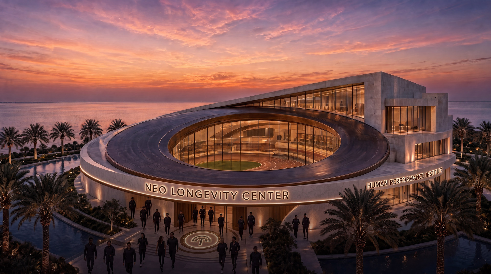 The NEO Longevity Center, a circular institute at sunset.
