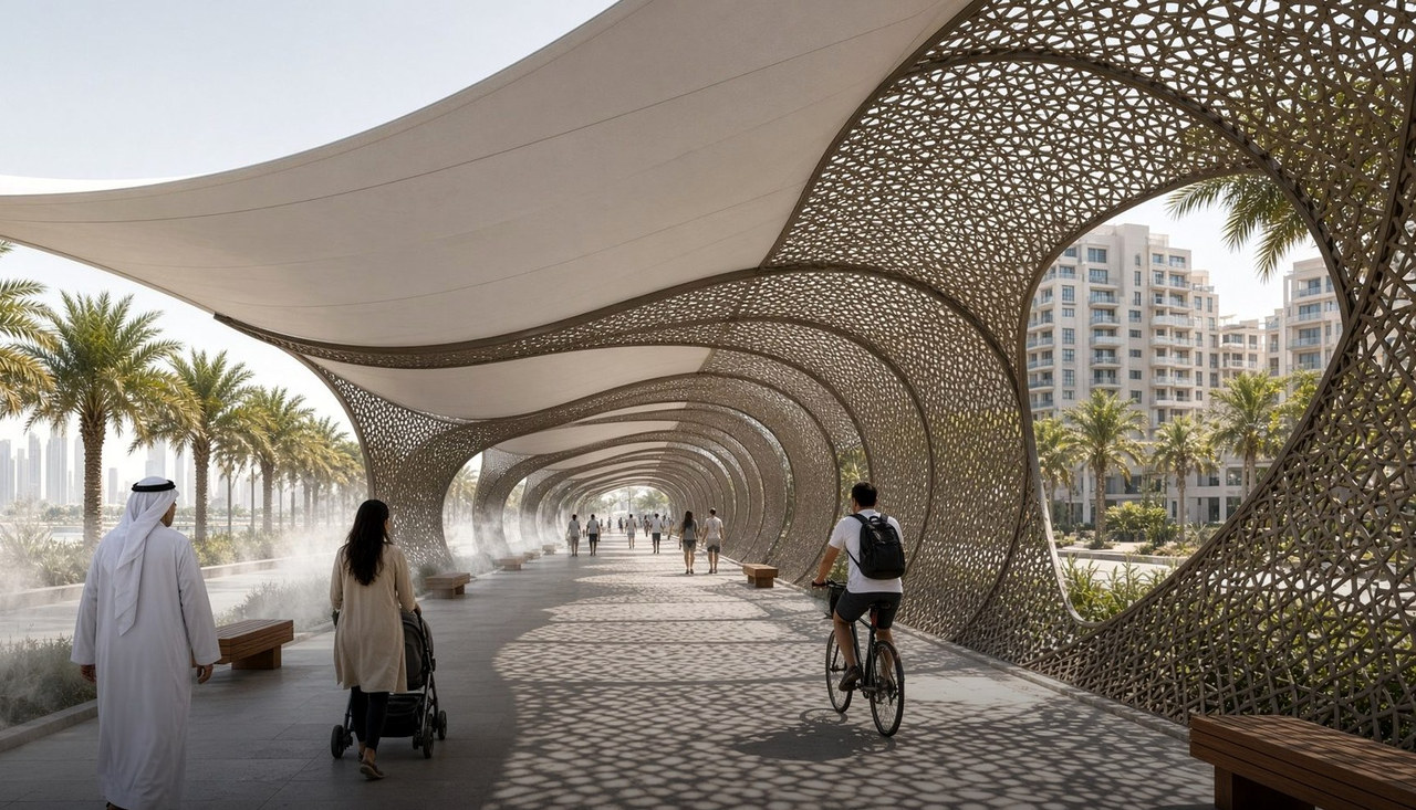 The covered climate path under a perforated canopy at midday.