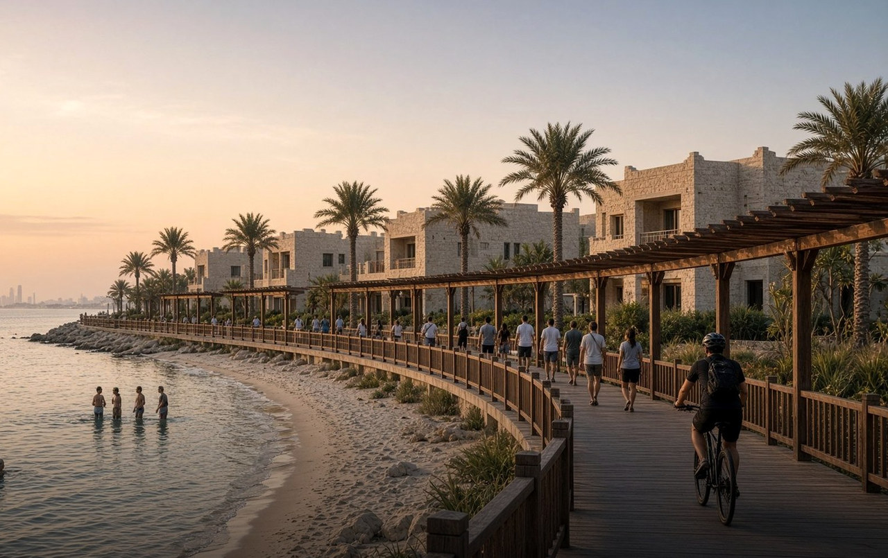Dawn on the gulf side: a curving boardwalk along the beach, residents walking and swimming.