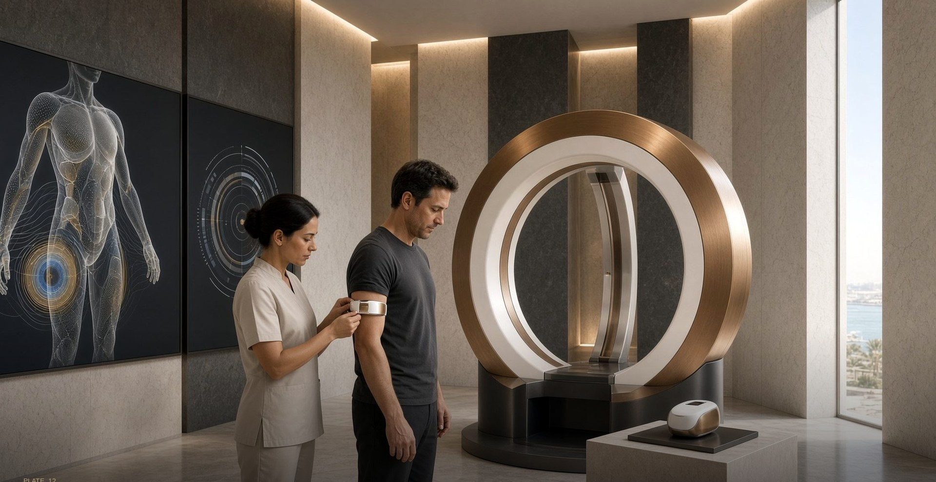 The diagnostics suite in a NEO Longevity Center: a clinician fitting a sensor beside a ring-shaped instrument.