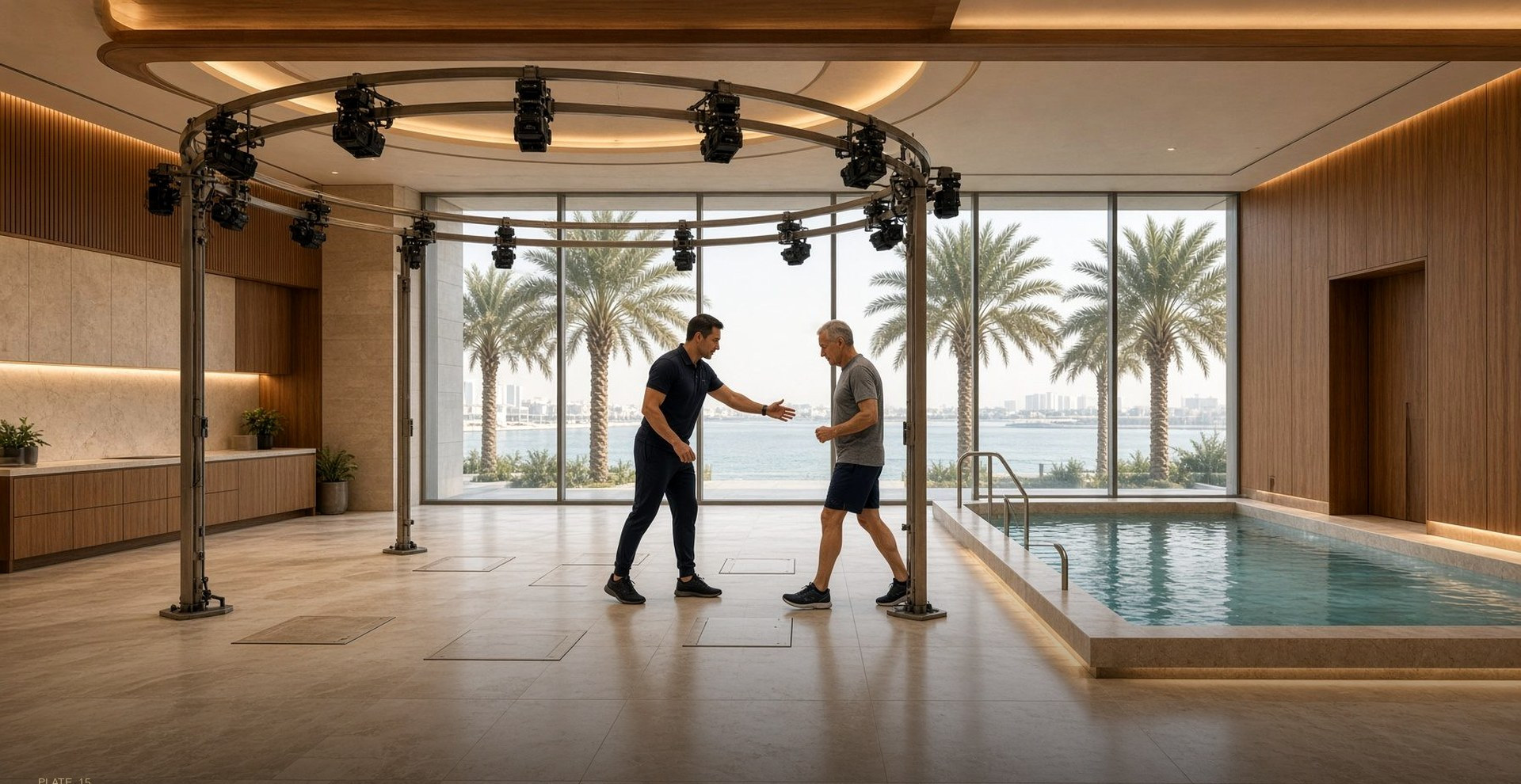 The movement hall in a NEO Longevity Center: a physiotherapist and patient under a ring of lights, a pool beside them, palms and sea through the glass.