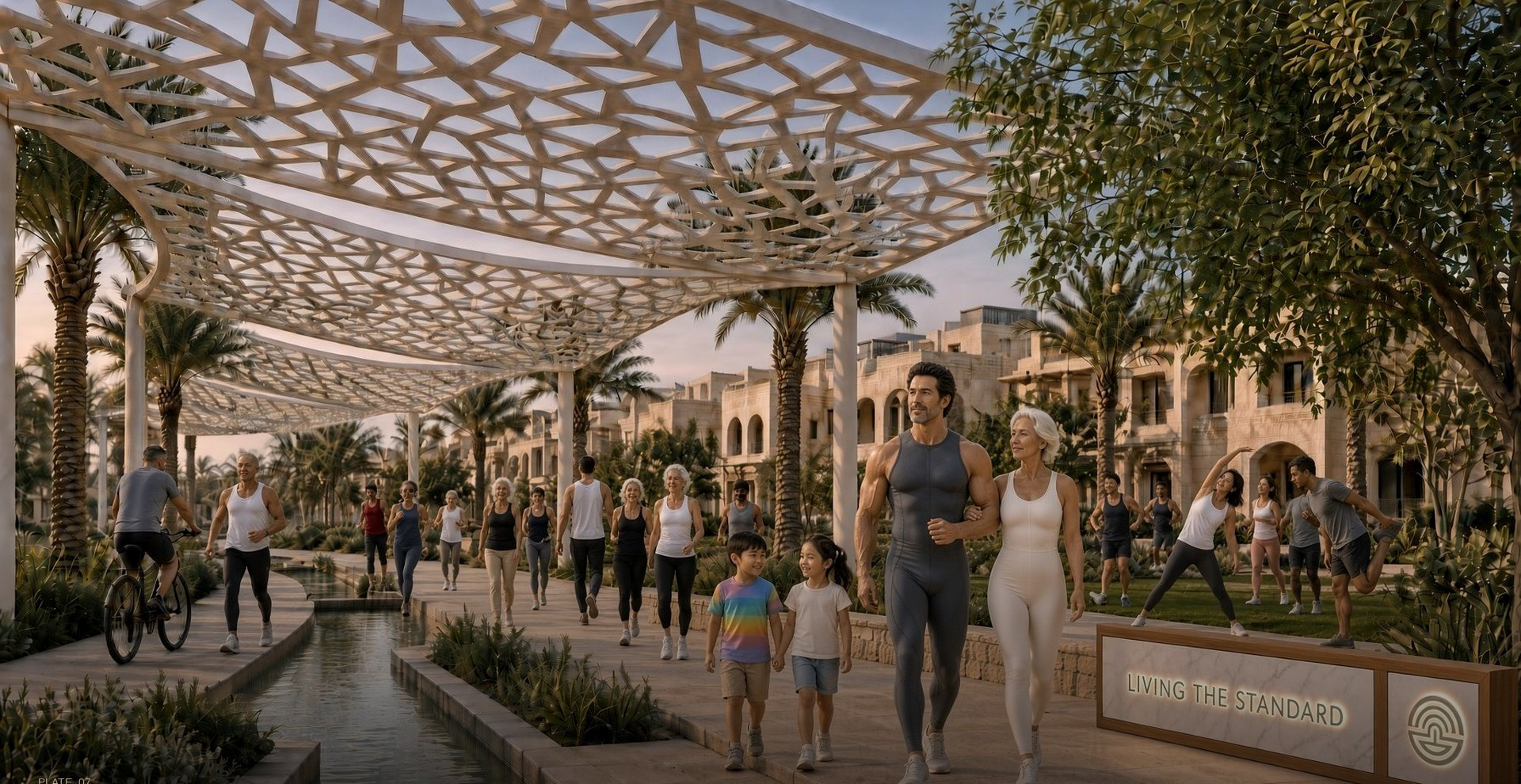 The civic plaza under a white lattice canopy, residents of all ages walking through.