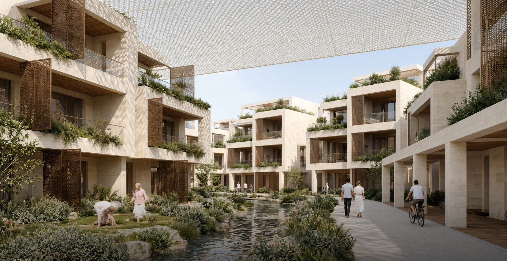 Townhome courts under a lattice canopy, with a water channel and gardens.
