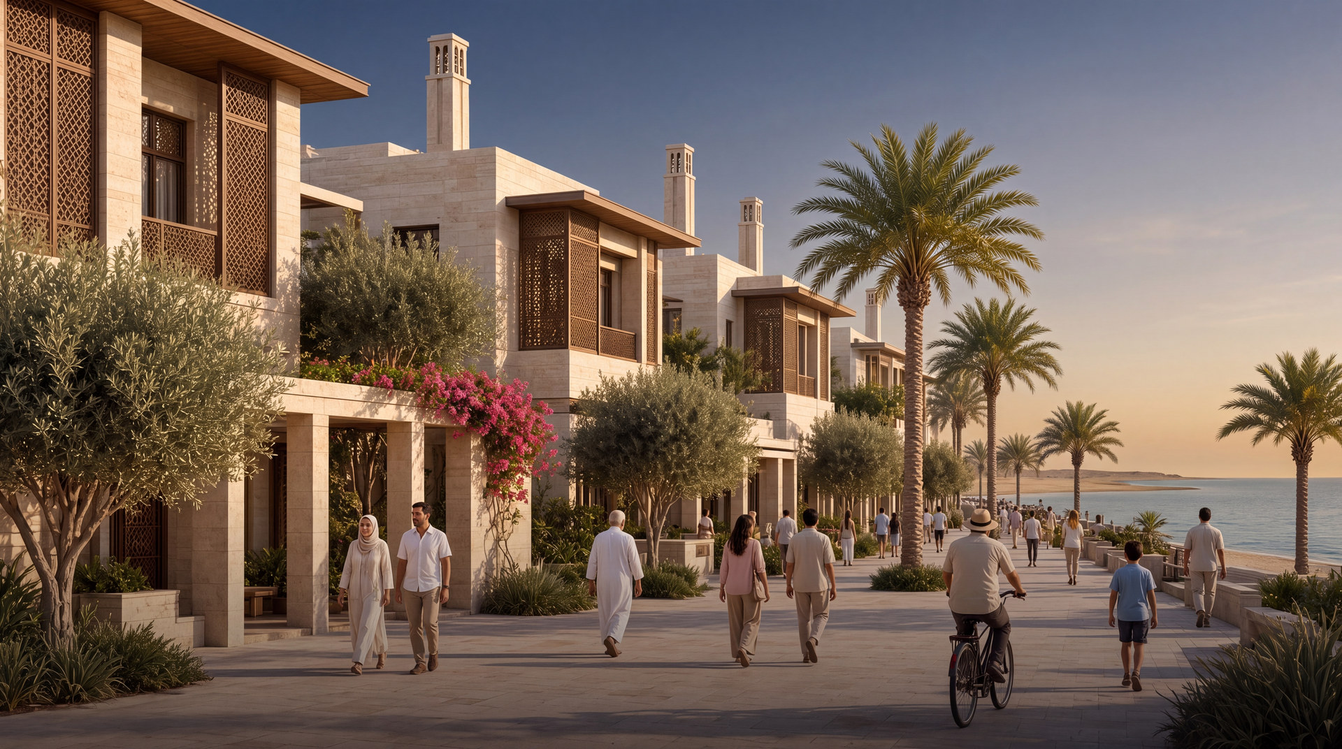 A villa street at golden hour: limestone houses with timber screens, bougainvillea, palms, residents walking and cycling toward the sea.